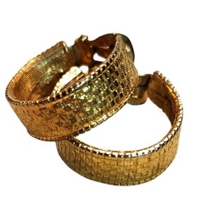 VINTAGE 1970s PAT. PEND. Gold Plated Textured Hoop Earrings Bold Retro Glam